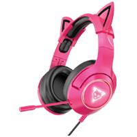 AUDIFONOS GAMER OCELOT TIPO DIADEMA/OVER-EAR/USB/3.5MM/COLOR ROSA CON NEGRO/ALAMBRICOS/ILUMINACION BLANCA/CONTROL DE AUDIO/MICROFONO CANCELACION DE RUIDO/AJUSTABLES/MULTIPLATAFORMA