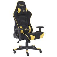 SILLA GAMER DE TELA OCELOT/ COLOR AMARILLA CON NEGRO / BASE REFORZADA DE NYLON/ DESCANSA BRAZOS AJUSTABLES / ANGULO DE INCLINACION 155 GRADOS/ SOPORTA HASTA 150KG/ COJIN PARA LUMBAR Y CERVICAL