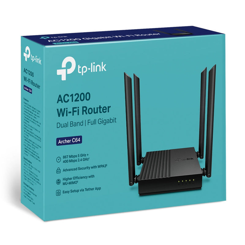 TP-LINK ROUTER ARCHER C64 AC1200 GIGABIT DUAL BAND 4 ANTENA COLOR NEGRO